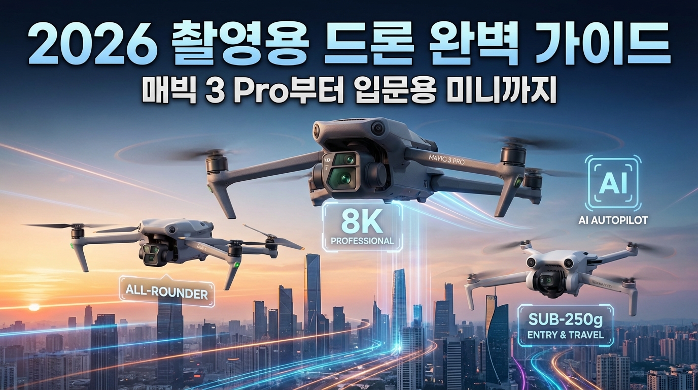 2026년 촬영용 드론 완벽 가이드 썸네일, 매빅 3 Pro, Air 3, 미니 드론 모델과 AI, 8K, Sub-250g 특징을 미래 도시 배경으로 보여주는 이미지