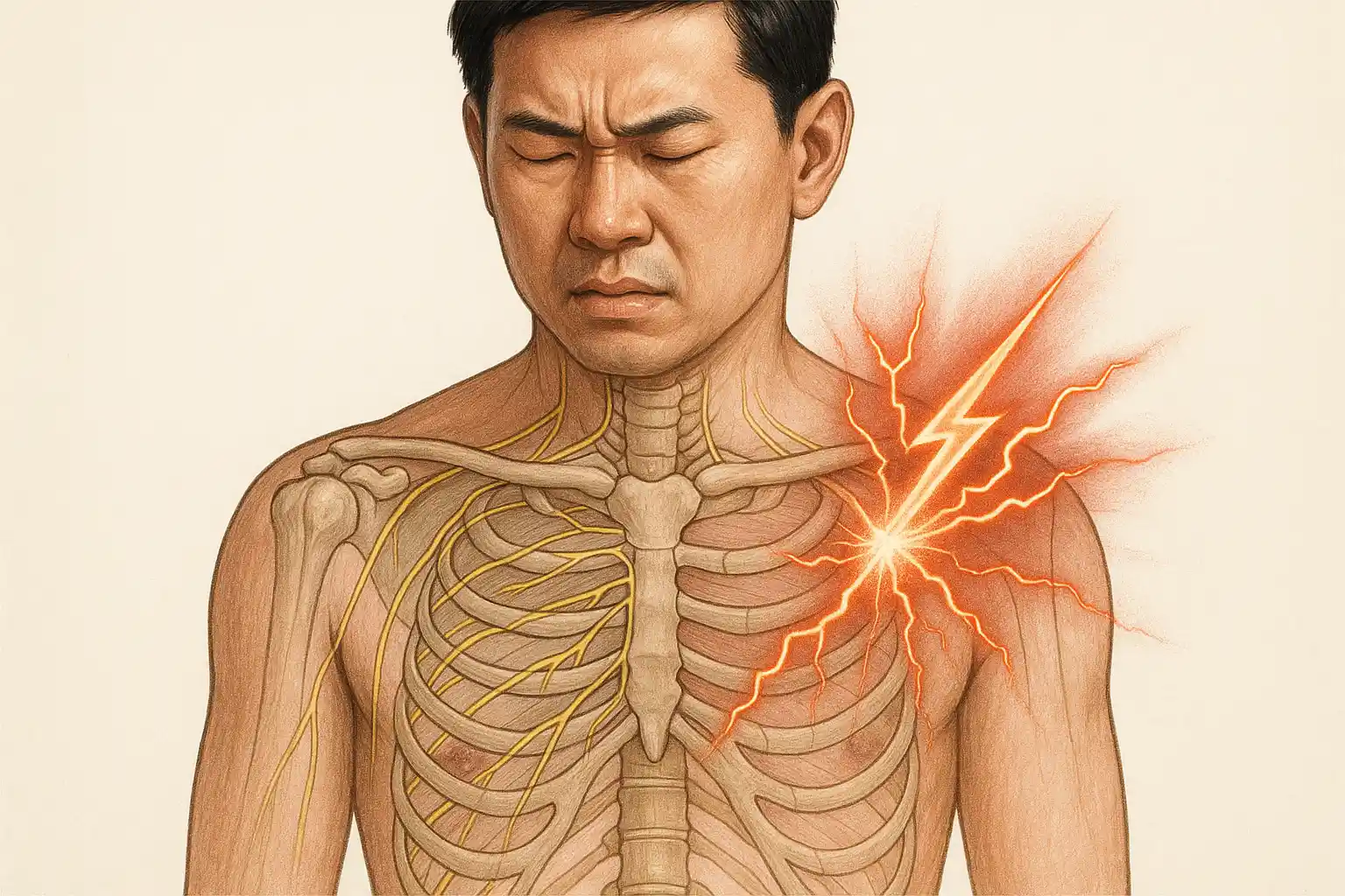 갈비뼈 사이를 따라 전기가 번쩍하는 듯