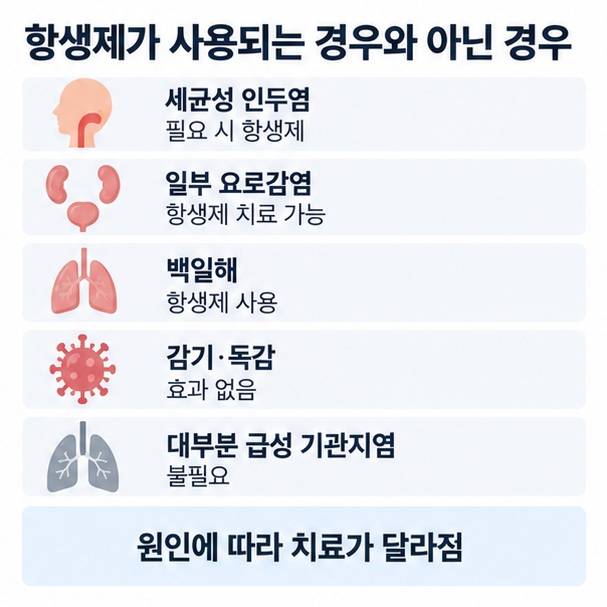 세균성 인두염 일부 요로감염 백일해에는 항생제가 필요할 수 있지만 감기 독감 대부분의 기관지염에는 효과가 없음을 비교한 이미지