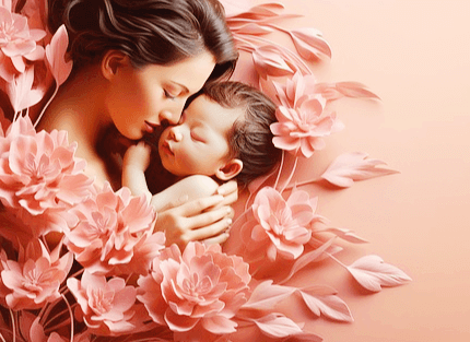 젊은 엄마가 아기를 안고 눈을 감고 자고 있다. 주변엔 분홍색 큰 꽃들이 가득 피었다.