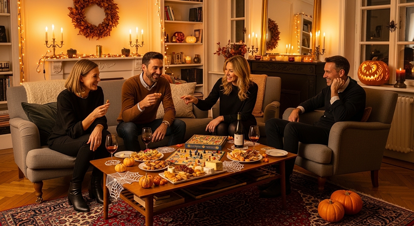 집에서 아늑하게 할로윈 파티를 즐기는 중년 친구들. 고급스러운 음식과 보드게임을 하며 편안한 시간을 보내고 있다.