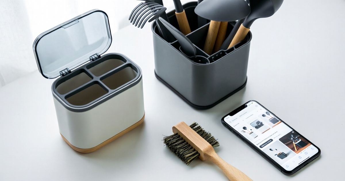 다이소에서 소싱한 생활용품 칫솔꽂이와 주방 수납함을 1688 앱으로 검색하며 쿠팡 로켓그로스 납품을 준비하는 모습