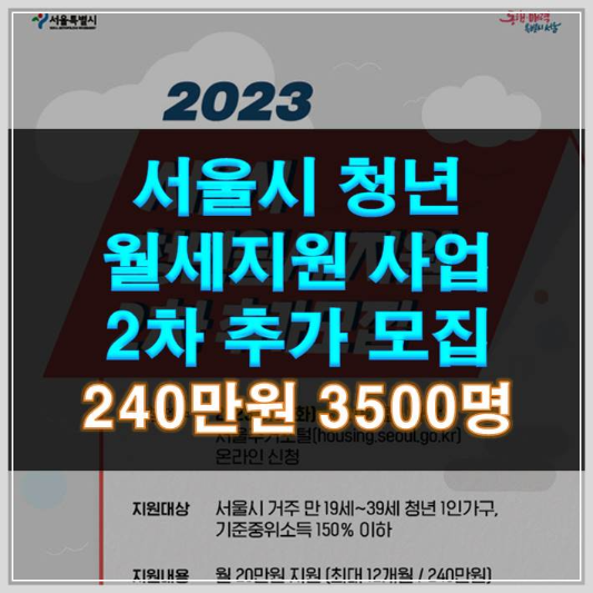 썸네일-서울시 청년월세지원 사업 2차 추가 모집 240만원 3500명