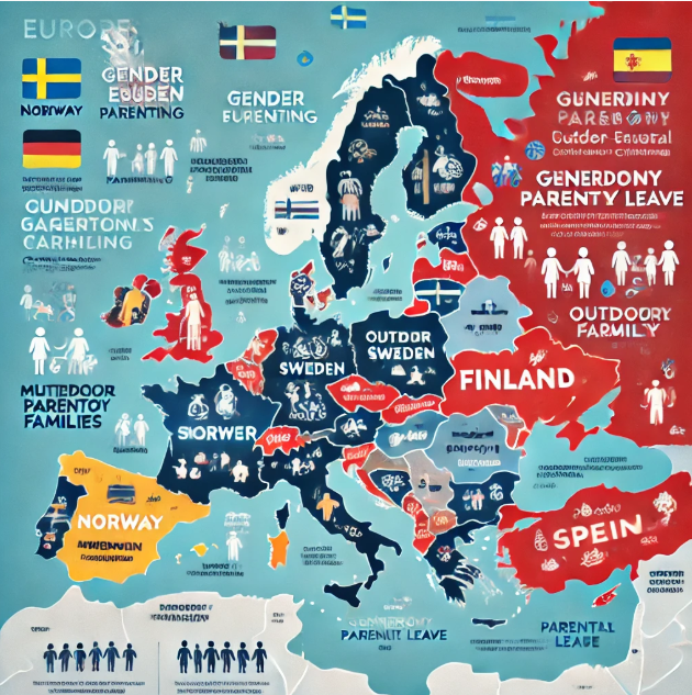 북유럽과 남유럽의 육아 방식을 아이콘으로 표현한 일러스트 지도