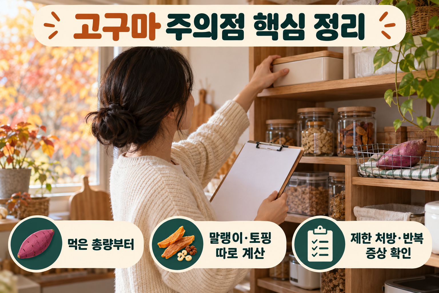 고구마를 먹을 만큼 덜기, 버터&middot;시럽 없이 담백하게 조리하기, 달걀과 채소 곁들이기, 말랭이 제품 표시 확인하기를 네 실사 장면으로 정리.