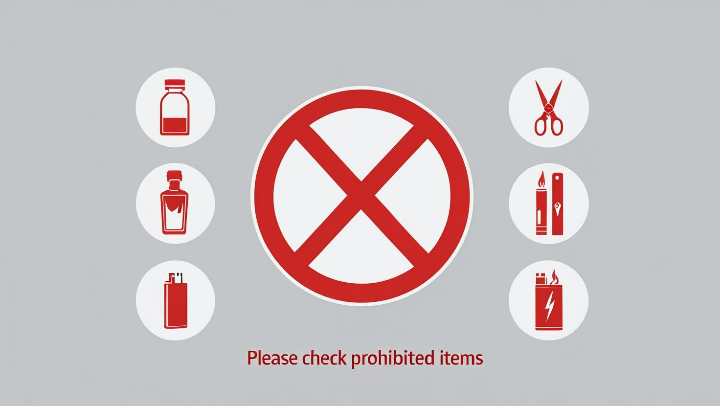 공항 수하물의 금지 품목을 보여주는 경고 이미지. 액체류, 칼, 인화성 물질, 전자담배 등을 직관적으로 강조.