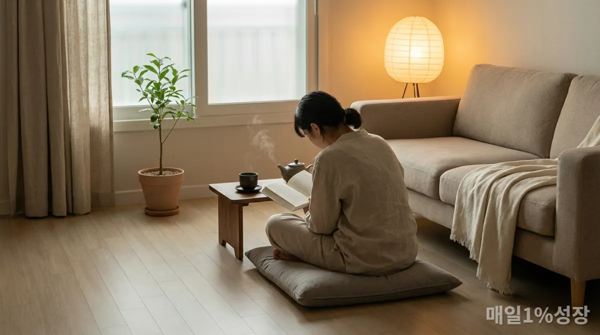 아늑한 한국식 거실에서 차를 마시며 책을 읽는 사람