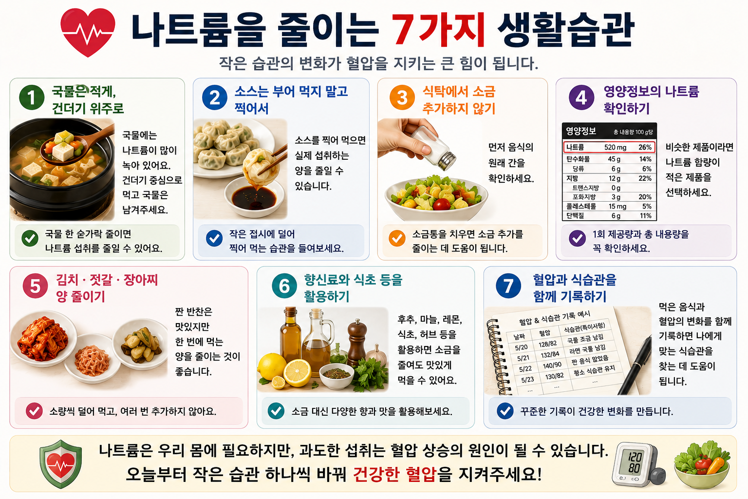 양념 조절과 식사&middot;혈압 기록을 함께 살피는 저염 생활습관 그림