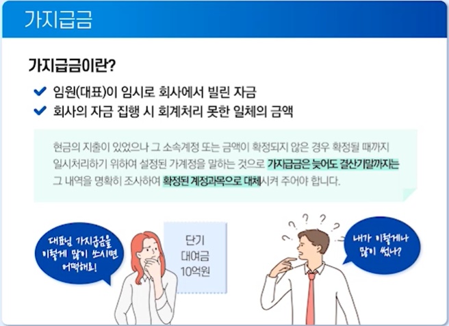 √ 임원(대표)이 임시로 회사에서 빌린 자금
√ 회사의 자금 집행 시 회계처리 못한 일체의 금액
즉, 현금의 지출이 있었으나 그 소속계정 또는 금액이 확정되지 않은 경우 확정될 때까지 일시처리하기 위해 설정된 가계정을 말하는 것으로 가지급금은 늦어도 결산기말 까지는 그 내역을 명확히 조사하여 확정된 계정과목으로 대체 시켜 주어야 한다.