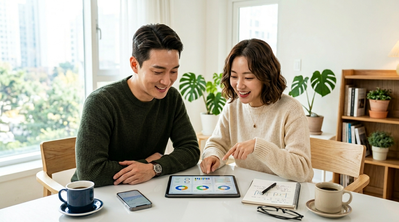 전문 포트폴리오를 보고 있는 커플