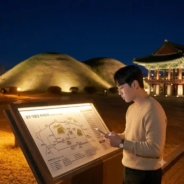 야간 경주 고분 야경을 배경으로 투어 안내판을 살펴보는 모습