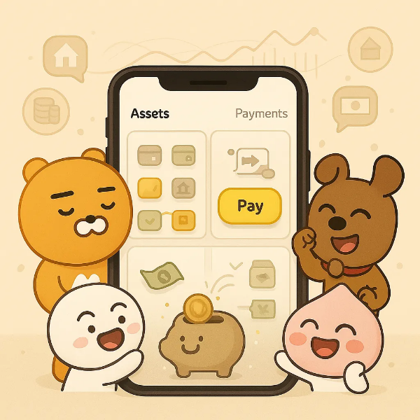 가족과 함께 사용하는 카카오페이 자산관리 화면이 스마트폰에 펼쳐진 모습, 캐릭터들이 주변에 함께하며 생활 속 금융 연동을 표현한 따뜻한 일러스트