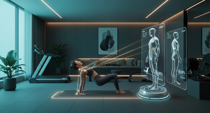 AI 코치 앱을 활용해 집에서 개인 맞춤형 운동을 하며 실시간 자세 교정을 받는 모습