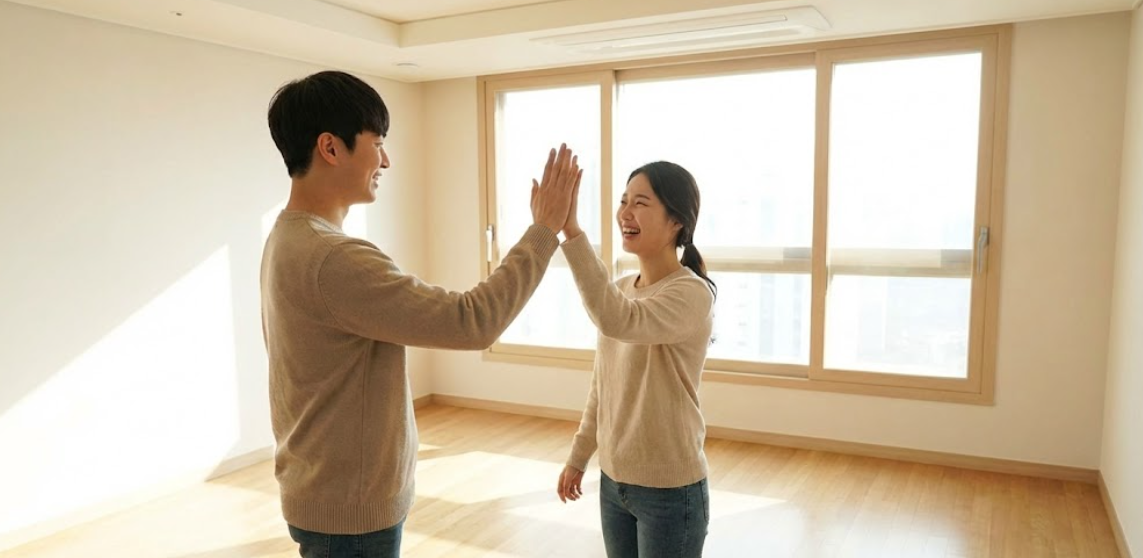 빈 공간이 된 거실에서 밝게 웃으며 이사 준비를 마친 부부