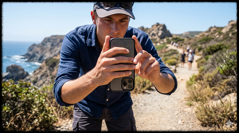 야외에서 4K 영상 촬영 중 스마트폰이 과열되는 모습