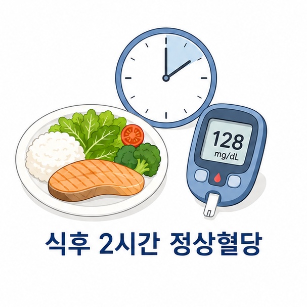 식사 접시와 시계, 혈당측정기를 이용해 식후 2시간 혈당을 확인하는 모습을 보여주는 그림