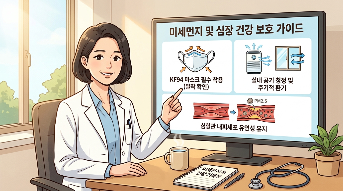 밝고 청결한 대학병원 심장센터 진료실에서 보건 의학 전문가 선생님이 대형 인포그래픽 모니터를 가리키며 나노 규격의 유해 입자가 폐포를 넘어 혈류 장벽과 심장에 미치는 부정적 기전을 조목조목 설명하고, 미세먼지 주의보와 심장 건강 사수법 및 폐를 넘어 혈관까지 침투하는 초미세먼지 대책 핵심 수칙을 환자에게 다정하게 설명해 주는 2D 일러스트 이미지.