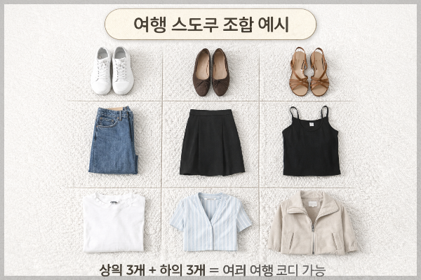 여행 스도쿠 짐싸기 예시, 상의 하의 신발을 3&times;3 그리드로 배치한 여행 옷 조합 아이디어