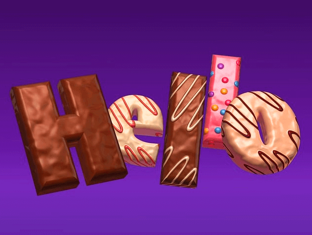 초콜릿바와 도너츠로 Hello 모양을 만들었다.