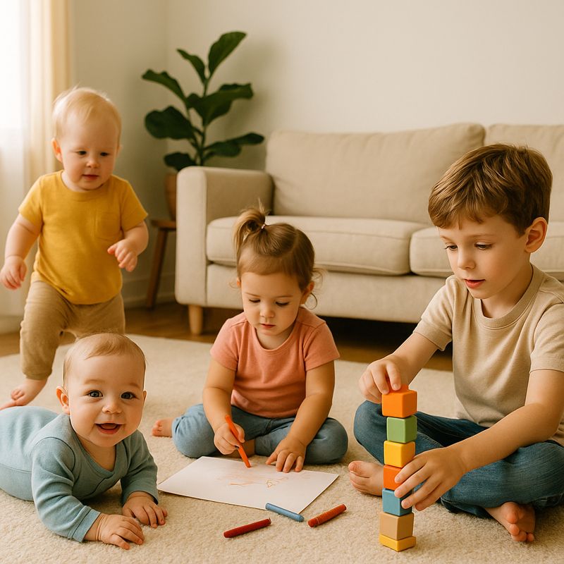 밝은 거실에서 네 명의 어린아이가 함께 놀고 있는 장면. 한 아이는 블록을 쌓고 있고, 다른 아이는 크레용으로 그림을 그리며, 아기 한 명은 엎드려 있고 또 다른 아이는 걸어 다닌다