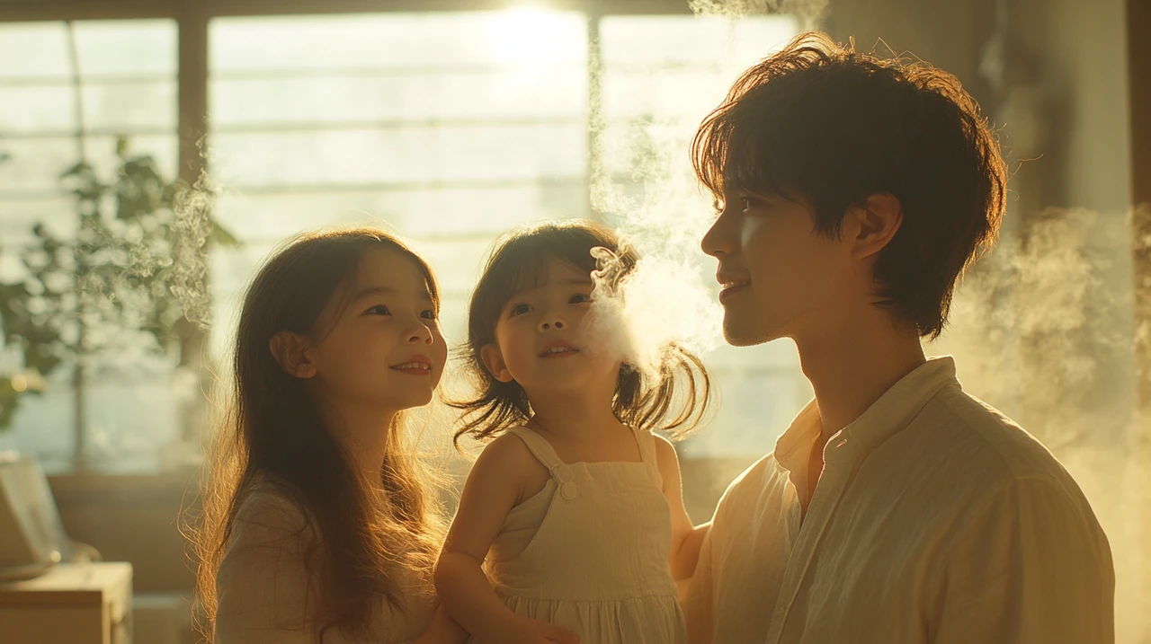 아이들이 청결한 공기를 마시며 건강하게 웃고 있는 모습, 에어컨 관리의 중요성을 통해 가족의 안전을 강조.