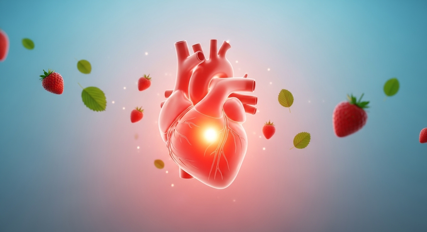 딸기 주변에 빛나는 건강한 심장 이미지. 혈관 건강 개선 효과를 상징합니다.