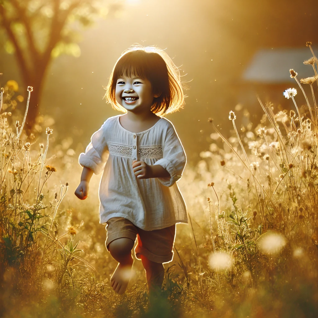 4살 정도 된 한국 아이가 들판에서 야생화를 가로질러 달리며 웃고 있는 모습, 햇빛이 황금빛으로 빛나며 순수함과 행복을 담아냄