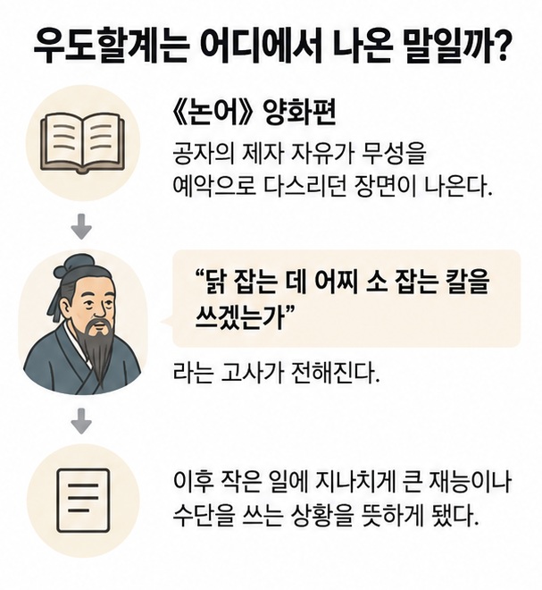 논어 양화편에서 공자가 닭 잡는 데 어찌 소 잡는 칼을 쓰겠는가라고 말한 우도할계의 유래를 설명한 인포그래픽