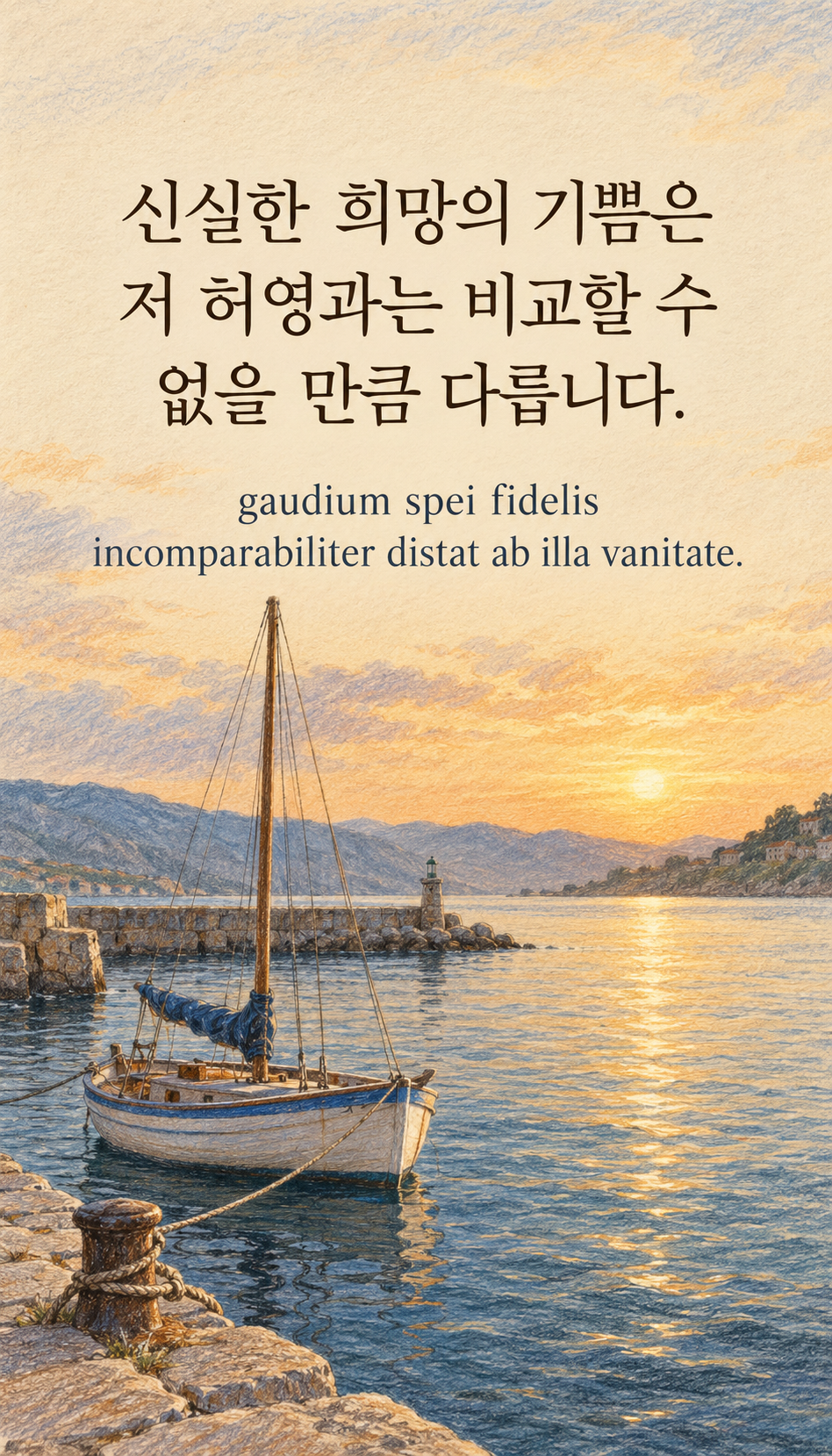 신실한 희망의 기쁨은 저 허영과는 비교할 수 없을 만큼 다릅니다. — 색연필로 그린 항구의 정박한 작은 배, 종이 질감의 색연필 그림
