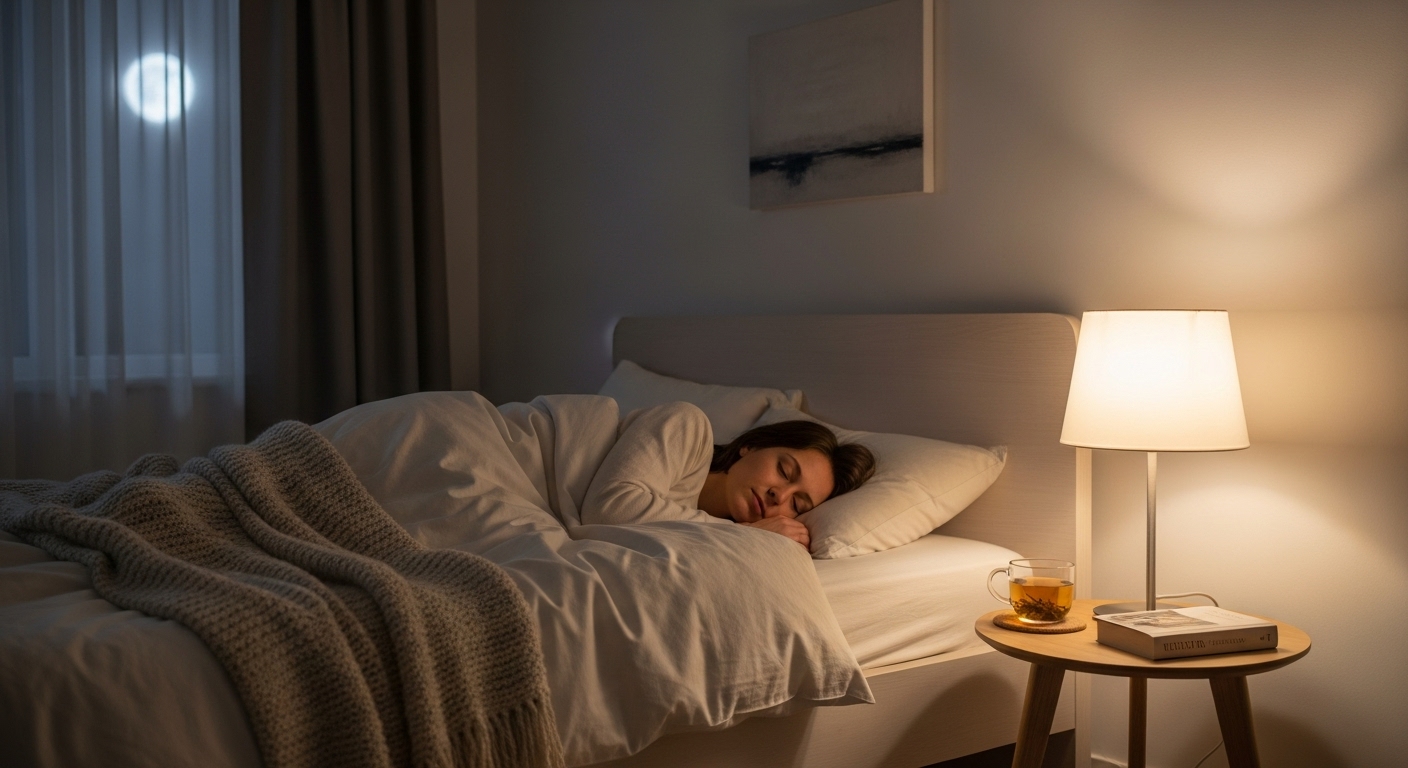 편안하고 깊은 잠을 자는 사람의 모습, 숙면이 피부 재생에 미치는 긍정적인 영향을 상징.