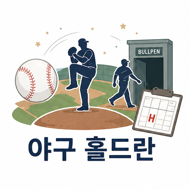 야구공과 투수 마운드, 구원투수, 기록표의 H 표시로 표현한 야구 홀드