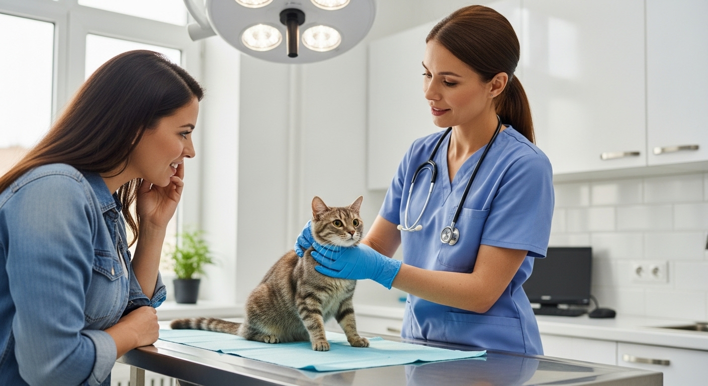 행동 문제의 원인 파악을 위해 동물병원에서 수의사와 상담하고 있는 보호자와 반려동물