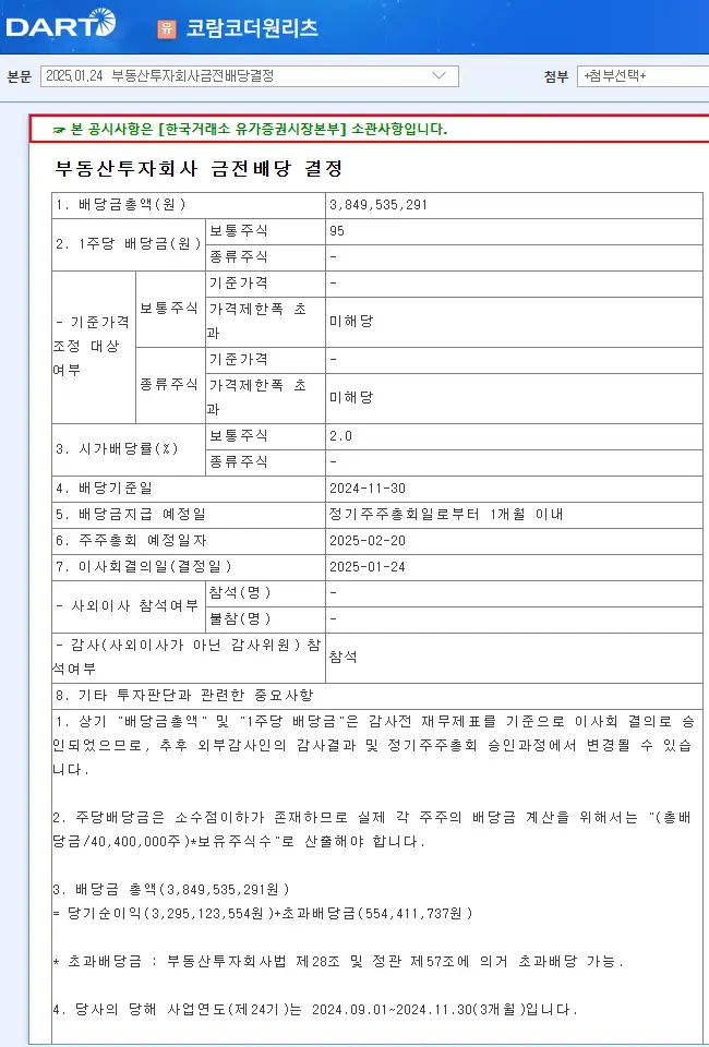 코람코더원리츠(417310) 2025년 배당 분석 2024년 결산 배당