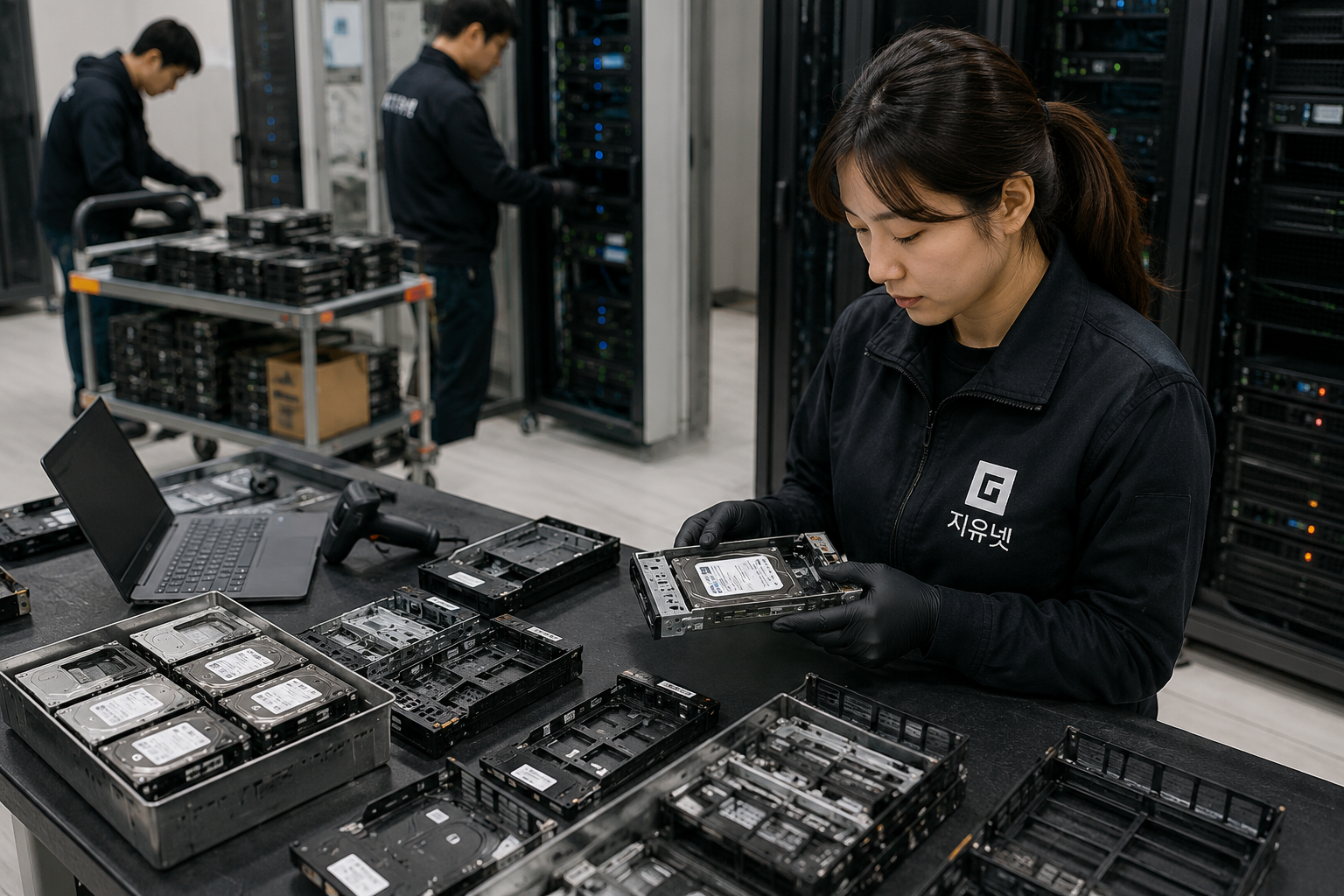 서버 디스크 트레이를 열어 빈 트레이와 HDD SSD 장착 트레이를 구분하는 현장 확인 장면