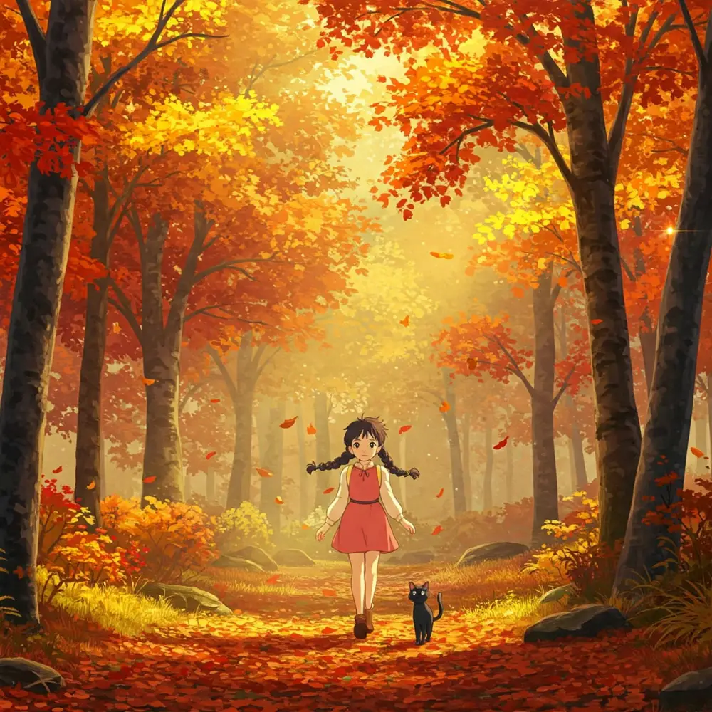 포근한 분위기의 지브리 스타일로, 봄꽃이 가득한 들판에서 고양이와 함께 걷는 소녀