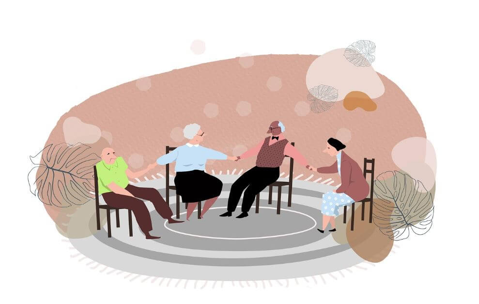 노인들이 벤치에 앉아서 수다를 떠는 모습