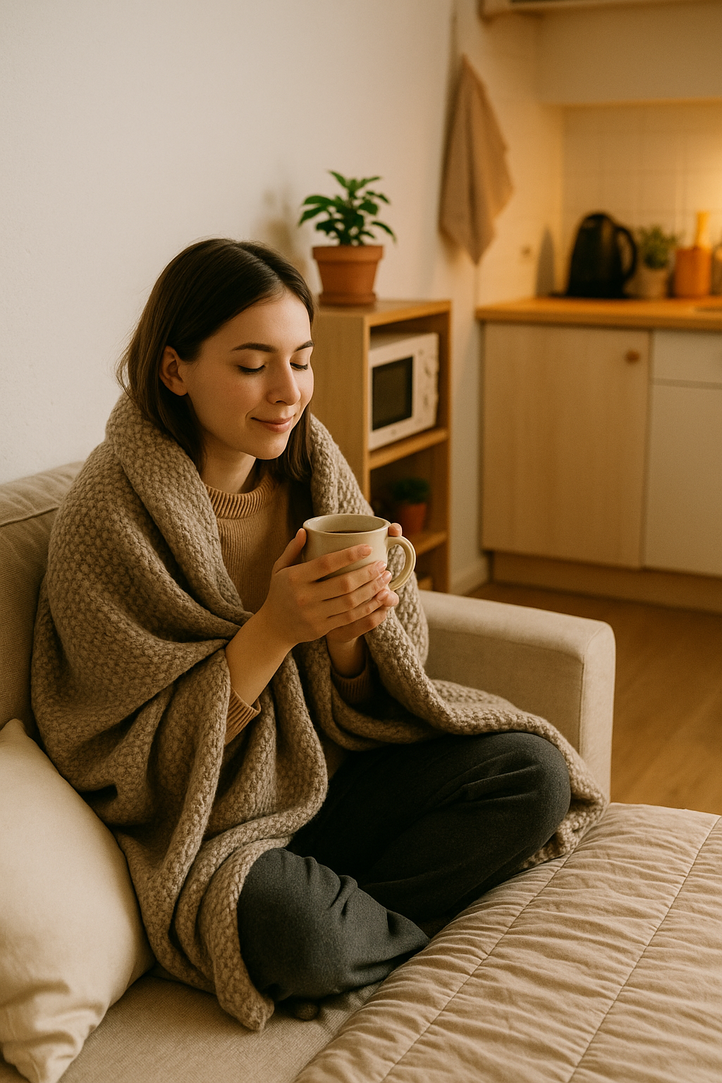감기 예방 위해 따뜻한 차 마시며 면역력 강화 챙기는 자취생