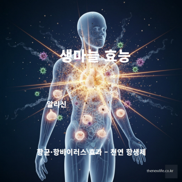 생마늘의 알리신(Allicin) 성분이 세균과 바이러스를 억제하고, 천연 항생제로 작용하는 항균&middot;항바이러스 효과를 시각적으로 표현한 이미지