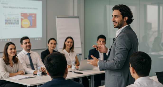 정장을 갖춰 입은 30-40대 남성이 회의실에서 자신감 있게 프레젠테이션을 하는 모습, 주변 사람들이 집중하고 있는 분위기