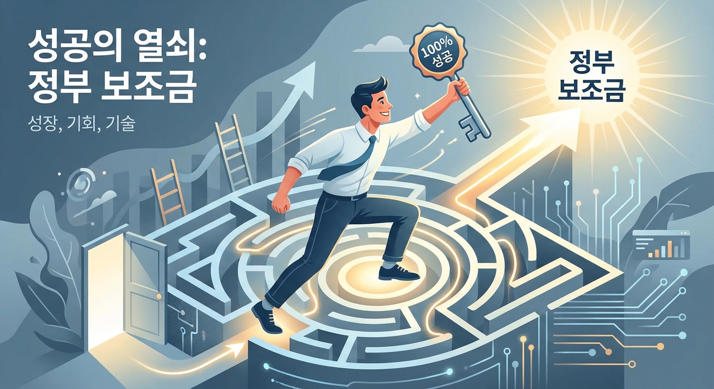 성공적으로 정부지원금 신청 절차를 완료하고 활짝 웃는 사람의 모습, 복잡한 길을 헤쳐나와 목표를 달성한 희망찬 미래를 상징합니다.