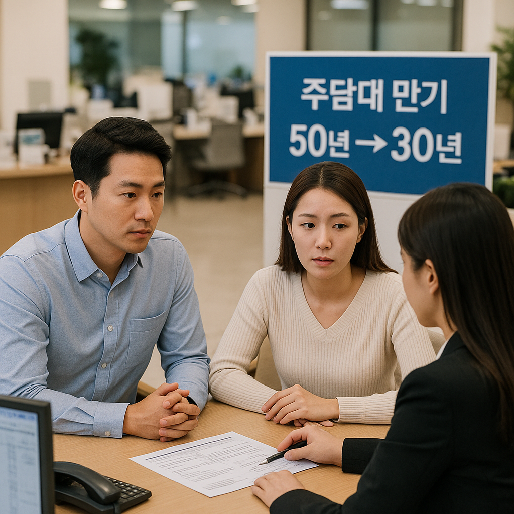 은행 창구에서 상담받는 30~40대 부부의 모습