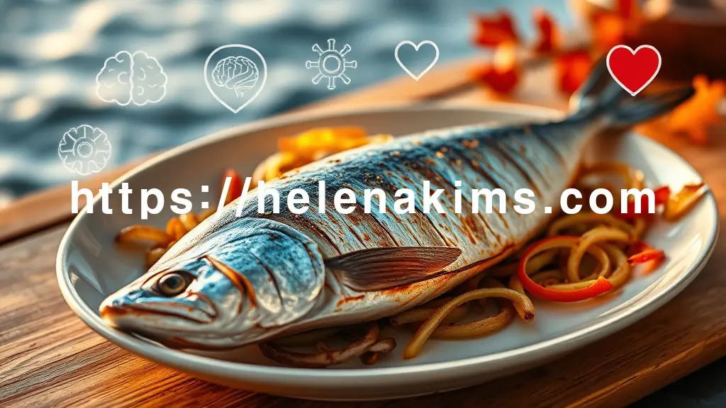 갓 구운 신선한 고등어 요리가 가을 바다를 연상시키는 배경 위에 놓여 있고. 그 주위로 건강한 뇌와 심장 아이콘의 이미지.