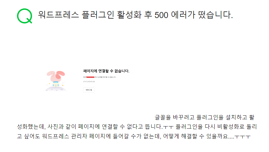 워드프레스 플러그인 활성화 후 HTTP ERROR 500 오류가 발생하는 경우