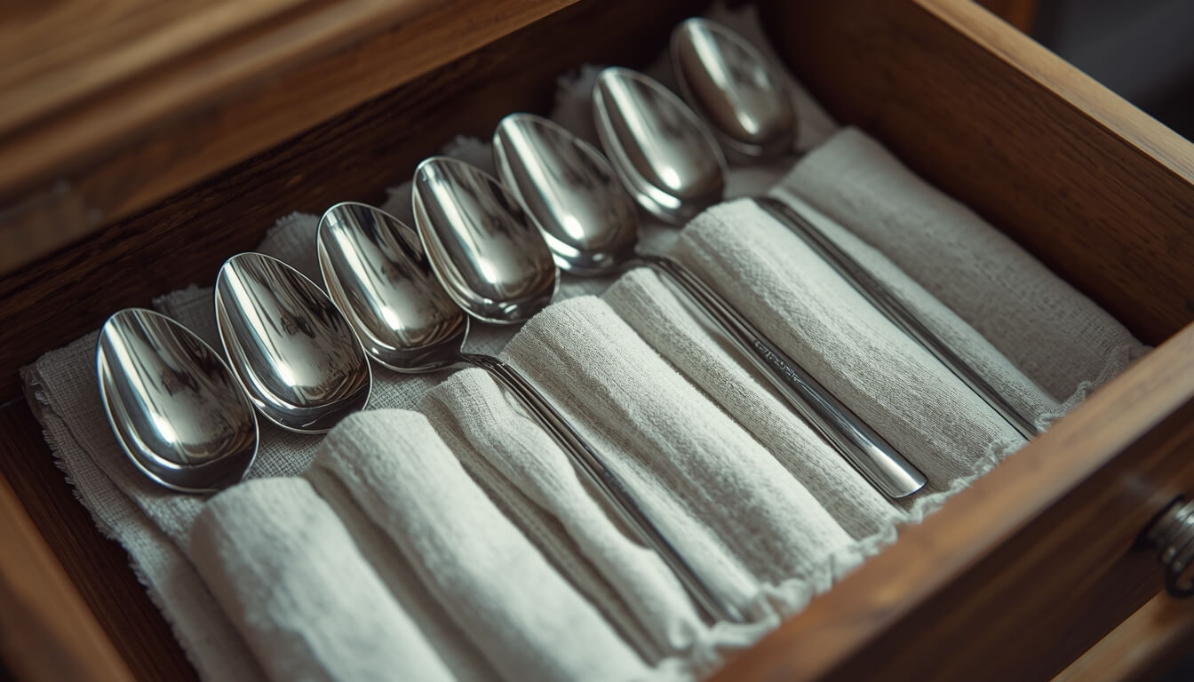 세척 후 부드러운 천에 싸서 안전하게 보관 중인 깨끗한 은수저