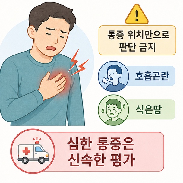 왼쪽 가슴 통증이 모두 심장 문제를 뜻하지 않지만 심한 통증과 호흡곤란 등은 신속한 평가가 필요함을 보여주는 그림