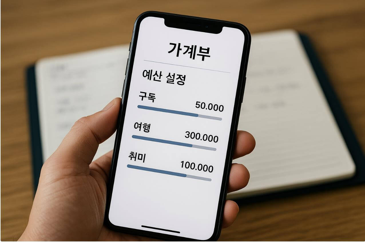 스마트폰 가계부 앱에 구독·여행·취미 예산 설정 화면.