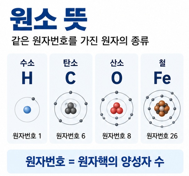 원소 뜻이라는 제목과 수소 탄소 산소 철의 원소기호와 원자 모형을 함께 표현한 대표 과학 이미지