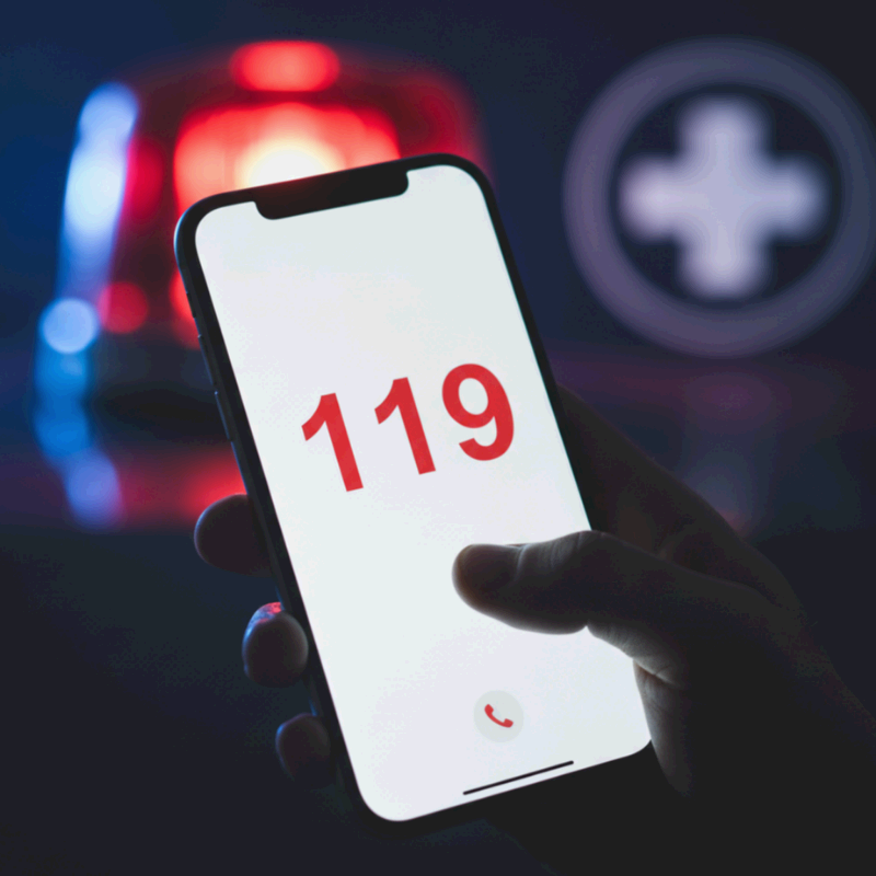 급박한 상황에서 손이 스마트폰으로 '119'를 누르고 있는 모습을 클로즈업