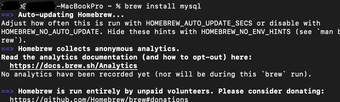 brew mysql 설치 명령어 실행