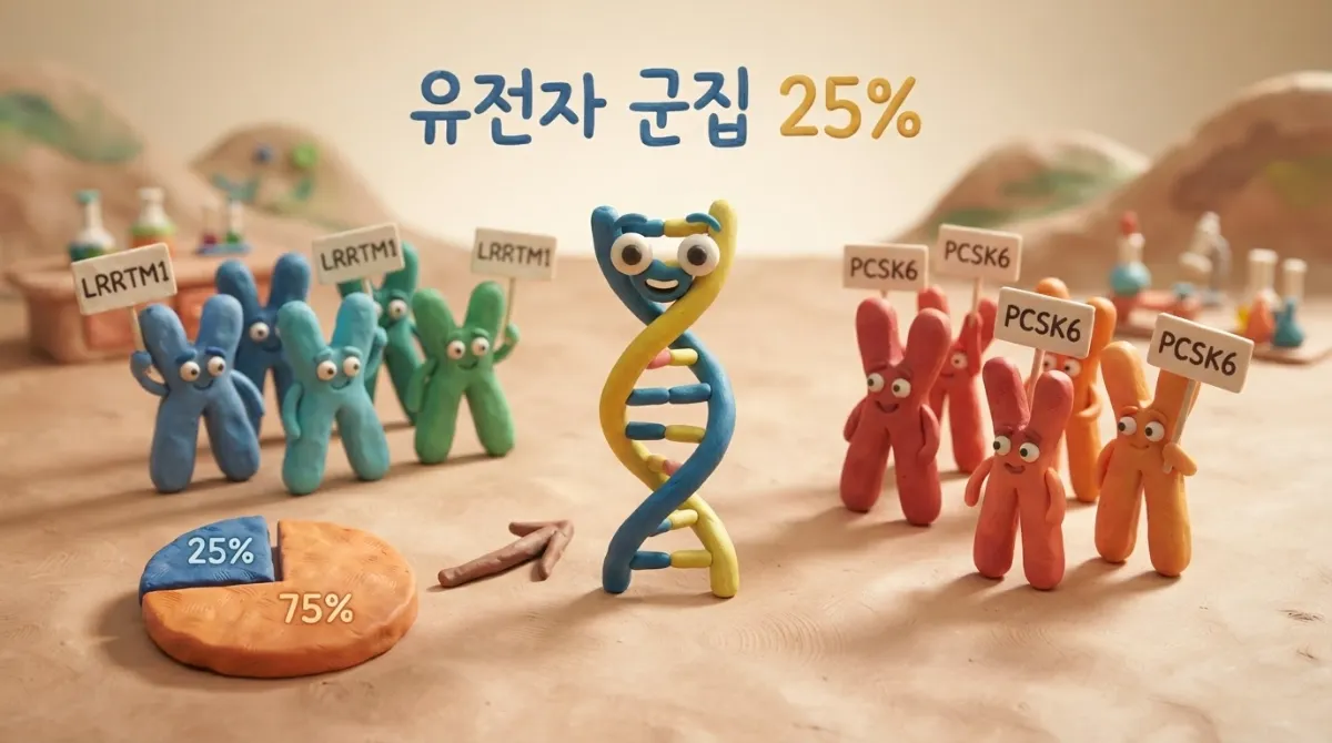 오른손잡이 DNA 유전자 군집 메커니즘 — LRRTM1과 PCSK6 유전자가 손선호 형성에 관여하는 과정을 25% 대 75% 파이차트로 시각화한 클레이 애니메이션 인포그래픽